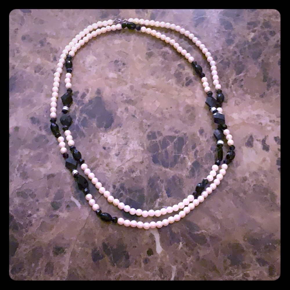 Faux Pearl and Black Stone Necklace